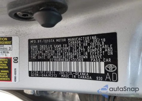 2019 Toyota Corolla Le из США, поврежденный, VIN 2T1BURHE6KC133369